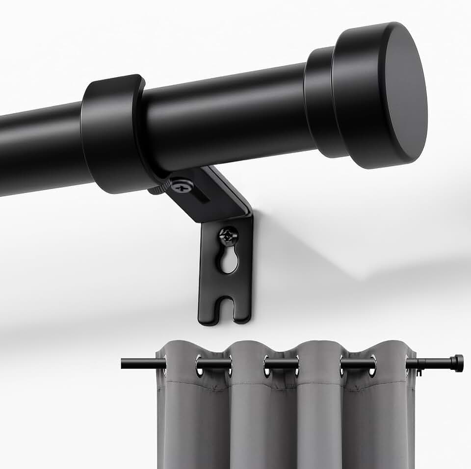 Joydeco Curtain Rods for Windows, Adjustable Black Curtain Rods 16 to 120 inches, 1 inch Diameter Heavy Duty Decorative Window Single Rod Set with Aluminium Finials