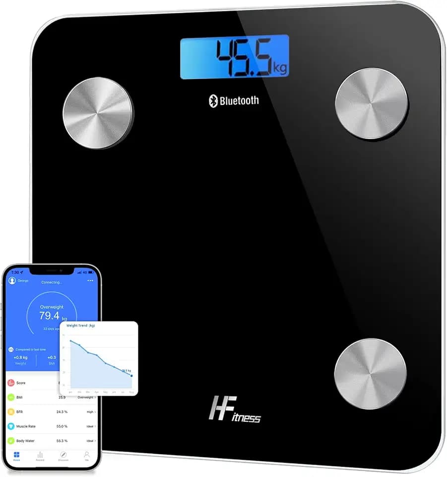 HomeFashion HFitness Personenwaage mit 19 Körperanalysewerten, Große 28×28cm Trittfläche, Bluetooth Körperfettwaage mit App, Digitale Körperanalysewaage Schwarz