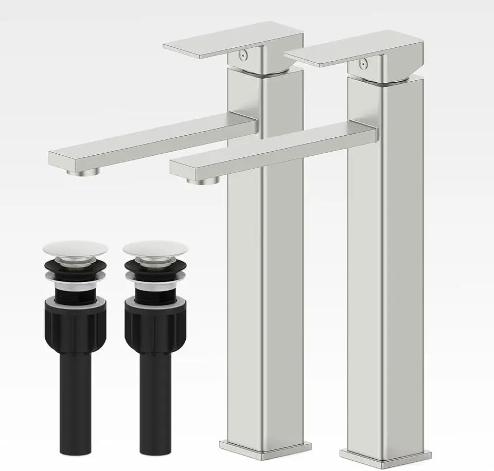 Bathroom Faucet(2 Sets), Brushed Bathroom Sink Faucet Set with Pop Up Drain, Single Hole Single Handle High Barrel Sink Vanity, Stainless Steel Lead-Free