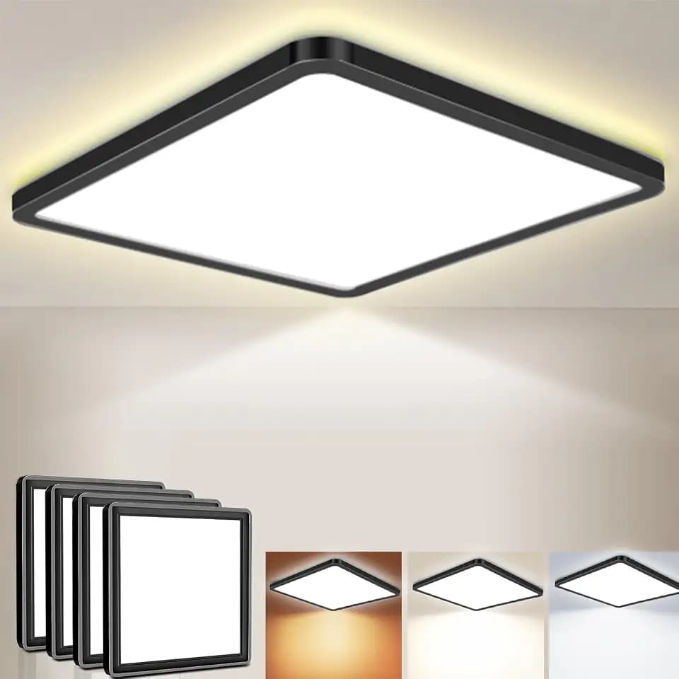 LED Deckenleuchte 24W 6000K/4000K/3000K, 3200LM IP54 Ultra Dünn Deckenlampe, Flach Quadrat Modern Badezimmer Lampe Küchenlampe für Flur Schlafzimmer Balkon Wohnzimmer Ø30CM, Schwarz 4Stücke
