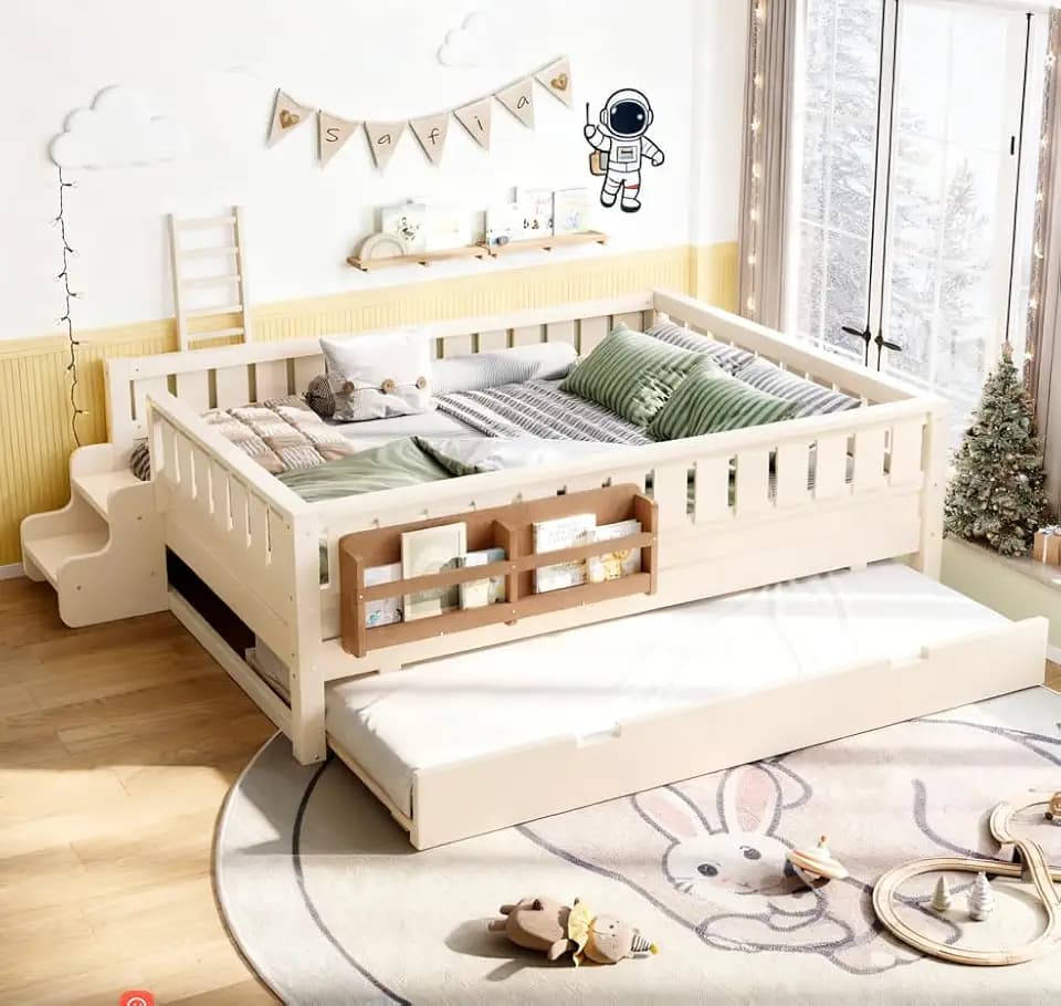 Bellemave Full Size Kids Bed with high Rails and with Built-in Bookshelf and Trundle for Kids, Girls, Boys, Wood Montessori Bed Without Door, Beige