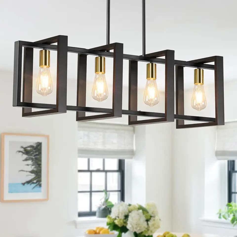 4-Light Dining Room Light Fixture, 53’’ Farmhouse Wood Chandelier Kitchen Island Lighting Over Table, Modern Black Gold Rectangular Hanging Pendant Light Fixture for Living Room, E26 Sockets