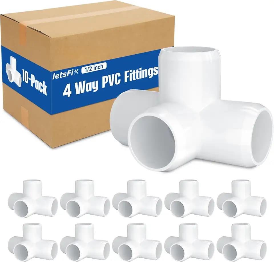 1/2" PVC Fittings 4 Way (10-Pack) Furniture Grade, Elbow Connector, Heavy Duty for DIY Furniture, Frames, UV Resistant - Compatible with 1/2" Schedule 40 PVC Pipes