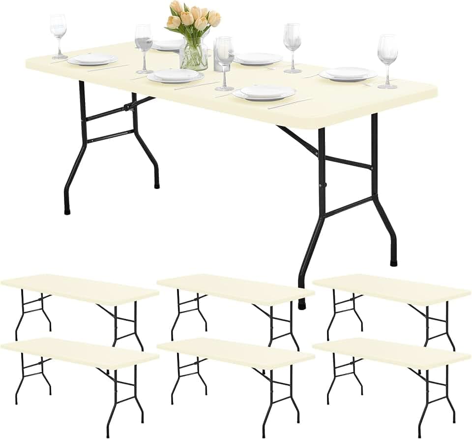 6ft Fitted Tablecloth Rectangle - 6 Pack Outdoor Picnic Table Covers with Elastic, Washable Folding Table Protector for Party Banquet Graduation, 30x72 Inch, Beige