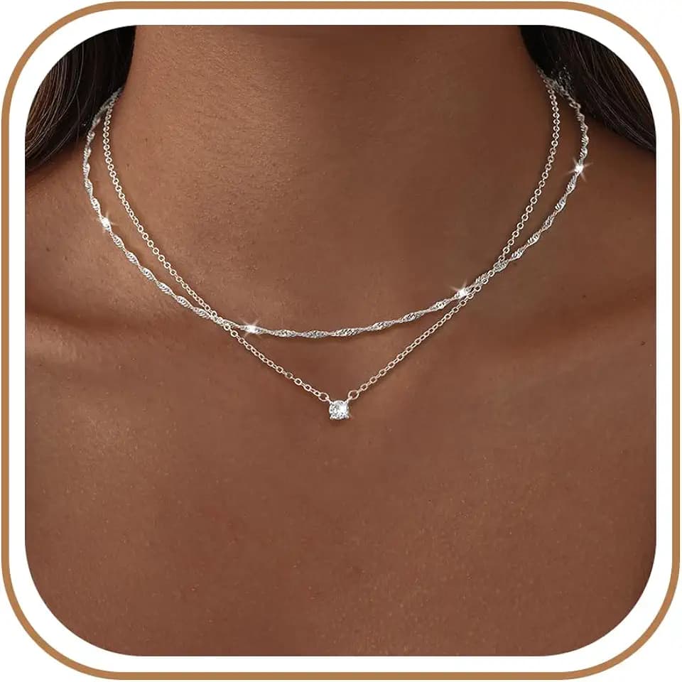 Dainty 14K Gold Plated/Silver Cubic Zirconia Diamond Necklaces for Women,Simple CZ Layered Gold Silver Necklaces Stack Trendy Jewelry Gifts