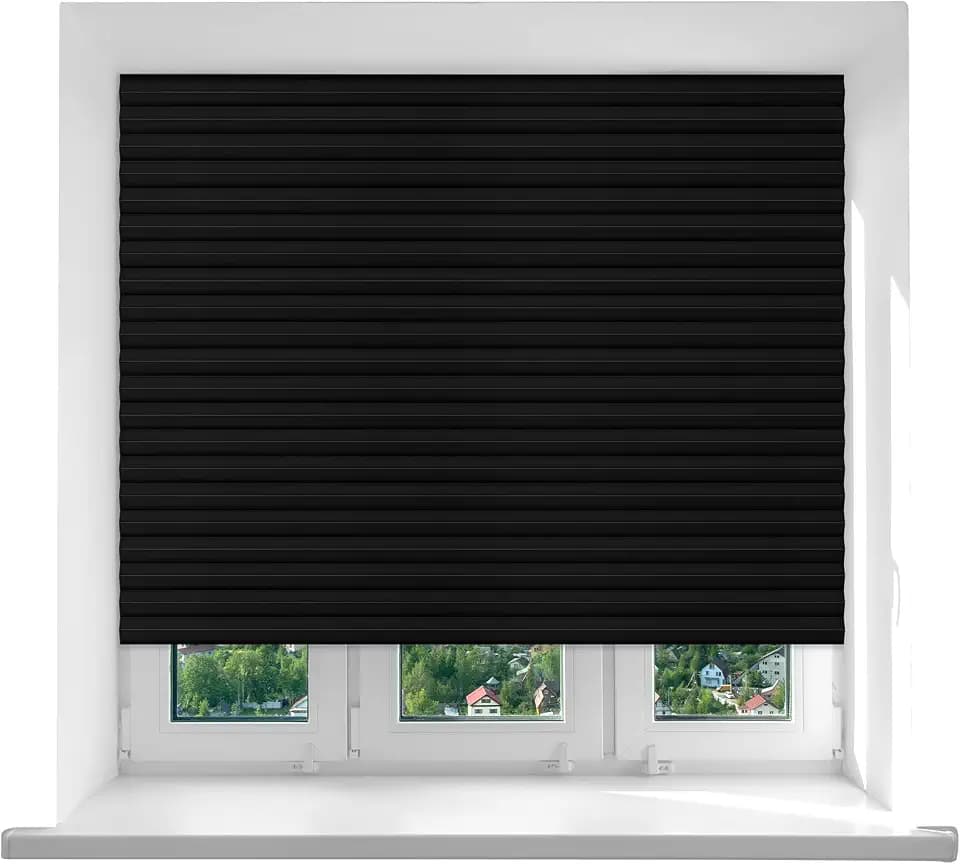Threehoney 2 Pcs 48 x 110 Inches Black Temporary Blinds Cordless No Drill Cut to Size Non-Woven Fabric Adhesive Privacy Blind for French Door Sliding Door Window Light Filtering Pleated Shade