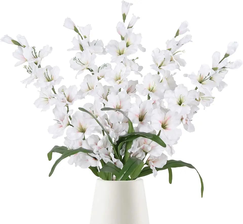 IPOPU 5PCS White Silk Gladiolus Long Stem Artificial Flowers, 33" Height, Classic Elegant Realistic Style for Tall Vase Wedding Centerpieces Home Table Party Decor