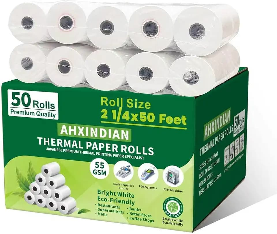 (50 Rolls) 2 1/4 x 50 Thermal Paper Receipt Rolls 55 GSM Premium Quality German Paper fits all Credit Card Terminals Verifone BPA Free from BuyRegisterRolls
