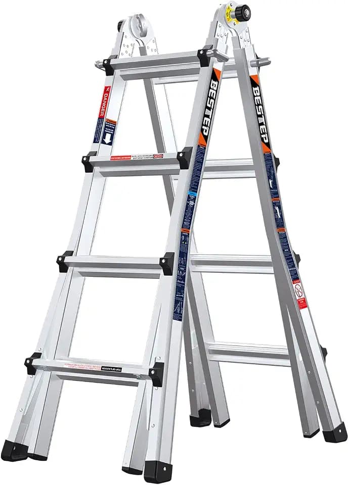 15FT Adjustable Folding Multi-Position Ladder,A Frame 4-Step Anti-Slip Ladder with Aluminum Joint,Silver,ANSI Type 1A, 300 lbs Load Capacity,Welding Construction (YQGNT-4540)