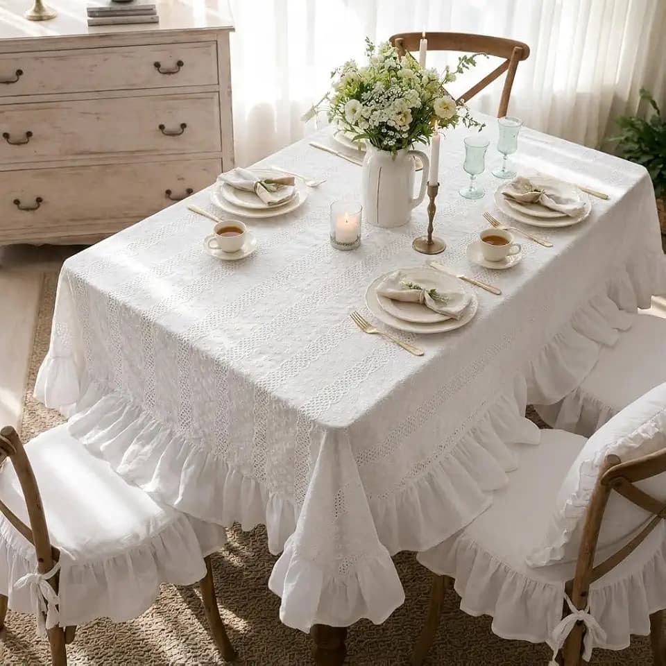ARTMAGIC White Ruffled Lace Cotton Rectangular Tablecloth, 60"x84"