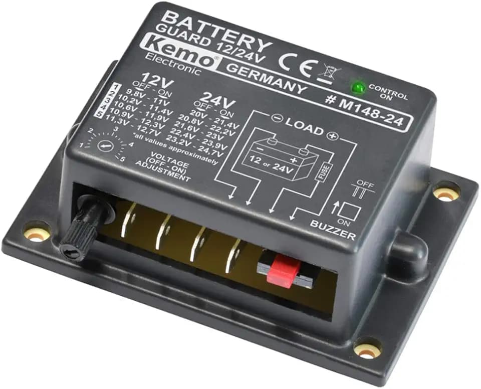 Kemo M148-24 Batteriewächter für 12 oder 24 V/DC. Schützen von Autobatterien vor Tiefentladung. Automatisches Einschalten nach Wiederkehr normaler Spannung. Automatische Batterieerkennung, Schwarz, Grau