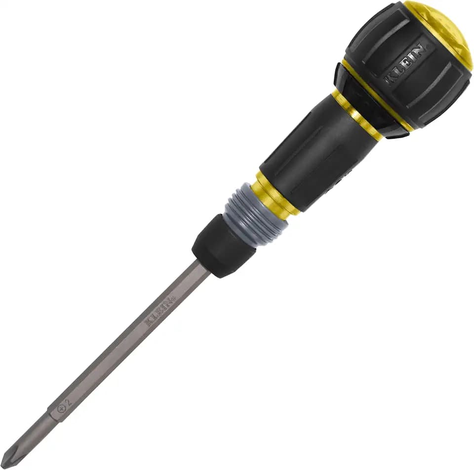 Klein Tools 32960ARCHT Ratcheting Fastbit Tru-Grip Screwdriver, Ratcheting Ball-Style Handle with Quick-Release Collar, #2 Phillips and 6 mm Slotted Double-Ended Bit, 1/4-Inch Bit Compatible