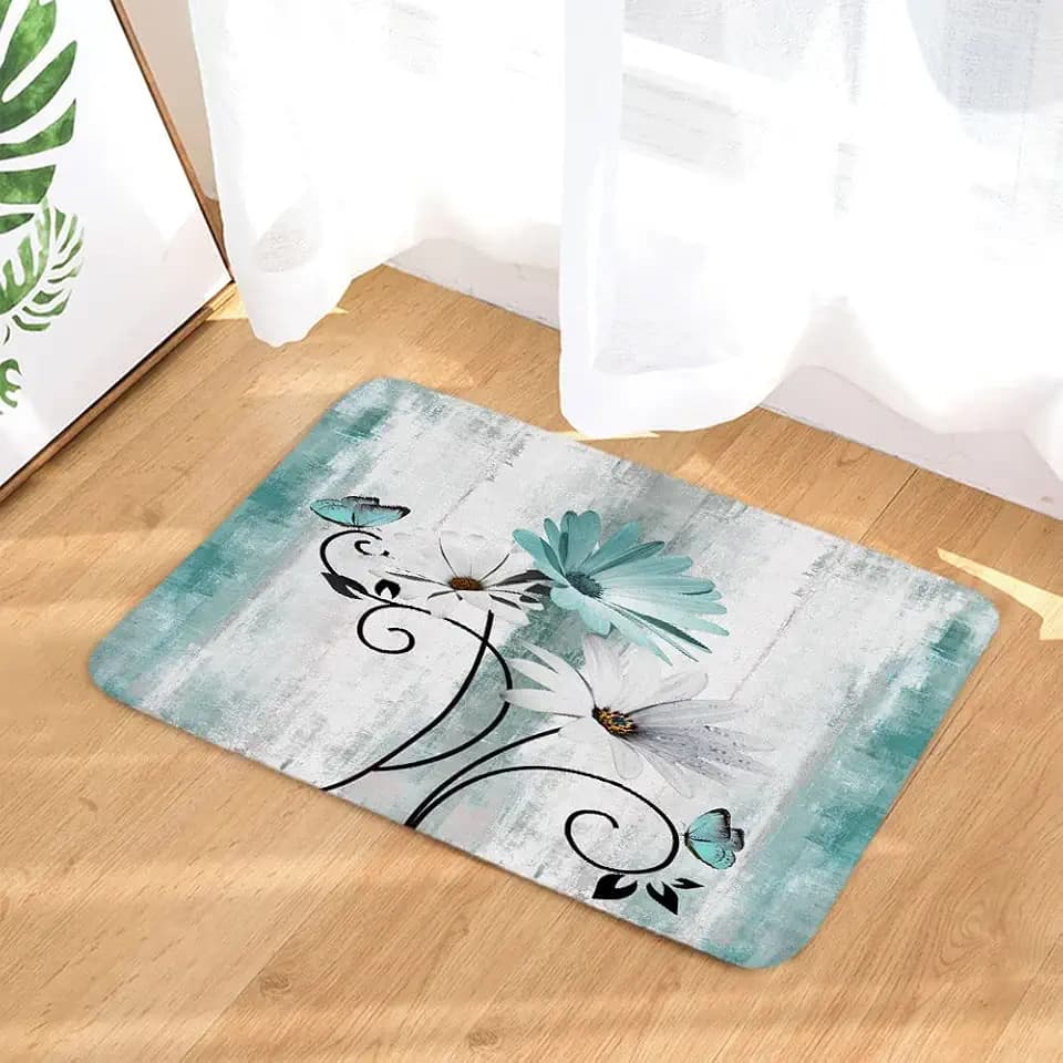 Rustic Farmhouse Bath Rug, Farm Teal Daisy Floral Flowers and Butterfly on Country Wooden Bath Mat Turquoise Blue Kitchen Rug Floor Mat Soft Non Slip Runner Carpet Indoor Doormat (16X24)