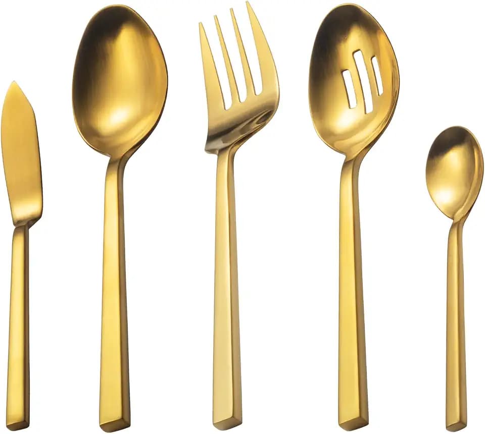 Alata Cube Gold 5-Piece Serving Set, Forged Cutlery Set, Matte Gold Stainless Steel Tableware with Square Handle for Home/Restaurant, Dishwasher Safe