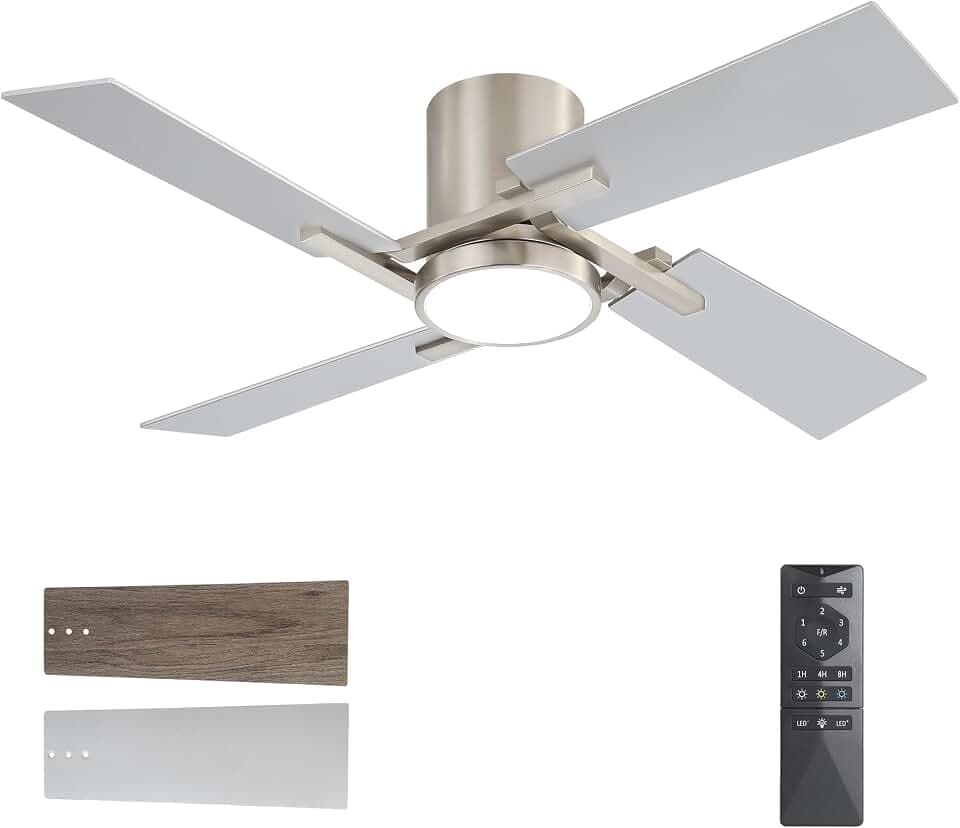 WINGBO 48" Flush Mount Ceiling Fan with Light - 4 Plywood Blades, 6-Speed Reversible DC Motor, Dimmable, 3CCT, Noiseless Low Profile Ceiling Fans for Bedroom Living Room, Nickel and Silver/Gray