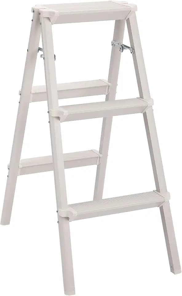 Compact 3 Step Ladder Folding Step Stool for Kitchen, Pantry, Closet, or Home Office - Lightweight Alloy Steel Space Saving Non-Slip Indoor Foldable Stepladder by BIRDROCK HOME (White)