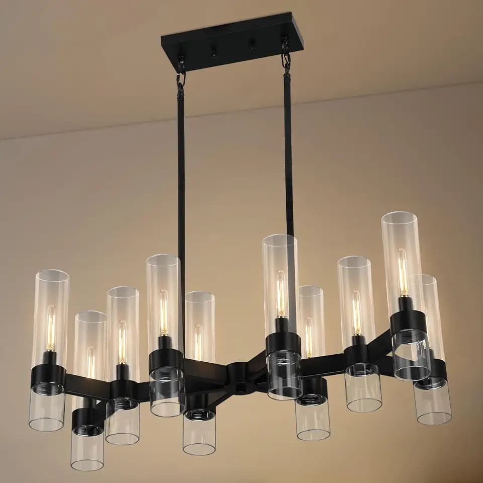 LIGHTDAMY 10 Light Black Chandeliers for Dining Room with Clear Glass Shade