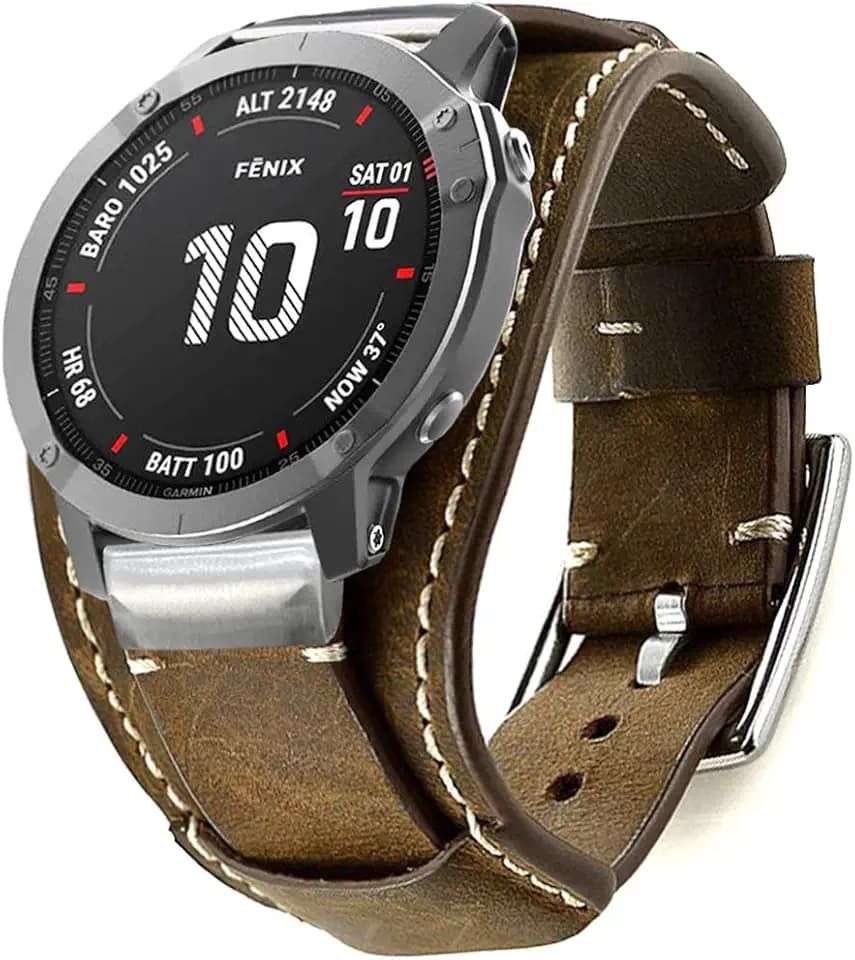 Lederbänder Kompatibel mit Garmin Fenix 6X / 6X Pro / 5X / 5X Plus / 3/3 HR / Saphir / D2 / Foretrek 601/701 / Quatix 3 / Tactix Bravo / Descent Mk1 Smartwatch, 26 mm schnelles Original-Manschettenband aus Leder
