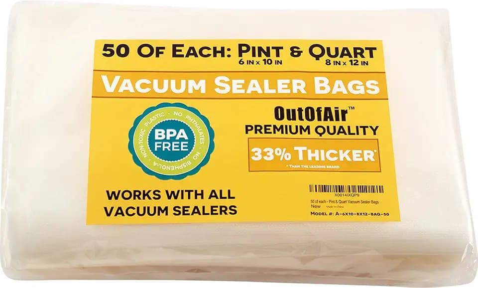 100 Vacuum Sealer Bags: 50 Pint (6" x 10") and 50 Quart (8" x 12") OutOfAir Vacuum Sealer Bags Works with FoodSaver & Other Savers. 33% Thicker, BPA Free, Great for Sous Vide