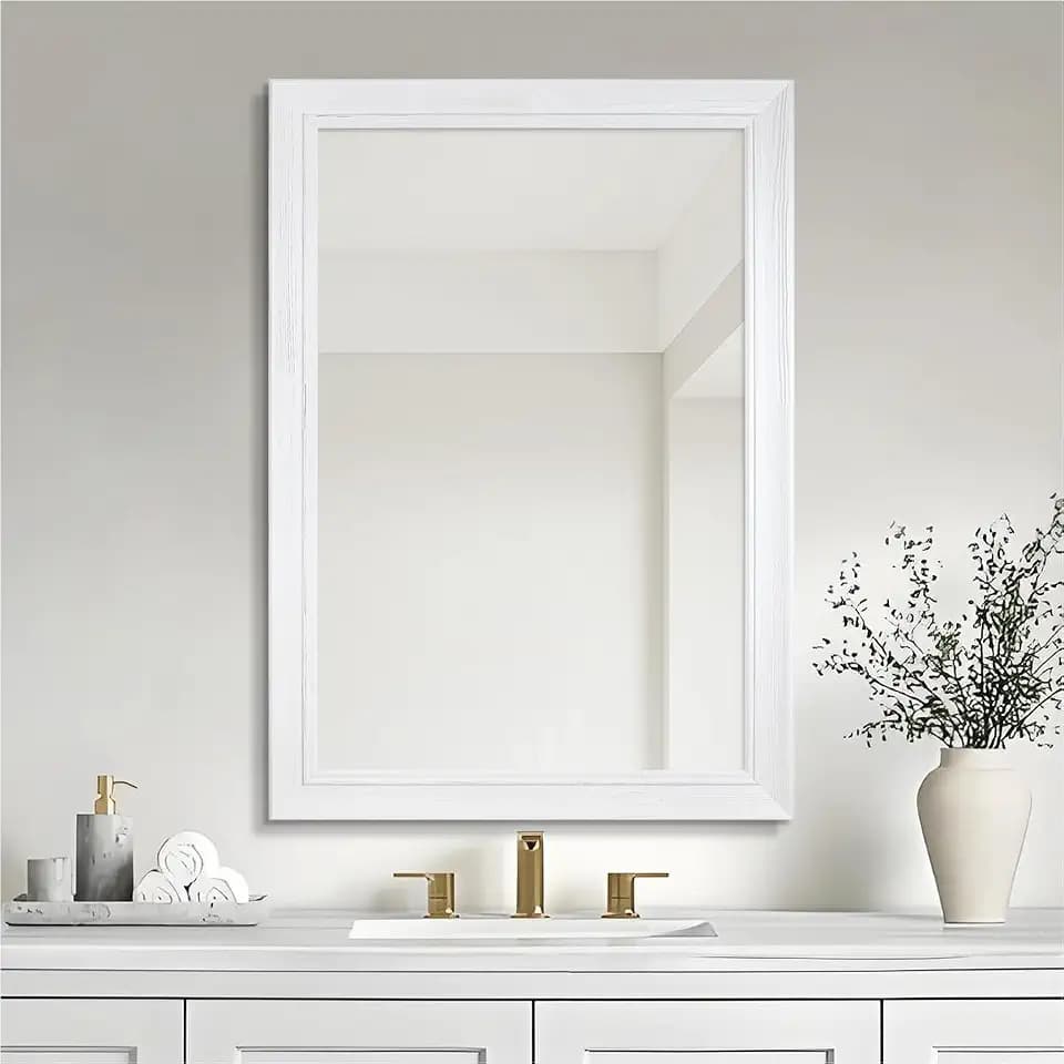 30" x 36" Rustic Wooden Framed Wall Mirror for Bathroom, White Wood