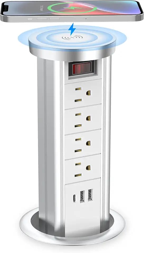 BTU Pop Up Outlet for Countertop, 4 Inch Hole Receptacle Power Strip with USB C & 4 AC Outlet, Pull Popup Outlet Recessed Power Socket with 10W Wireless Charger for Kitchen Conference Office