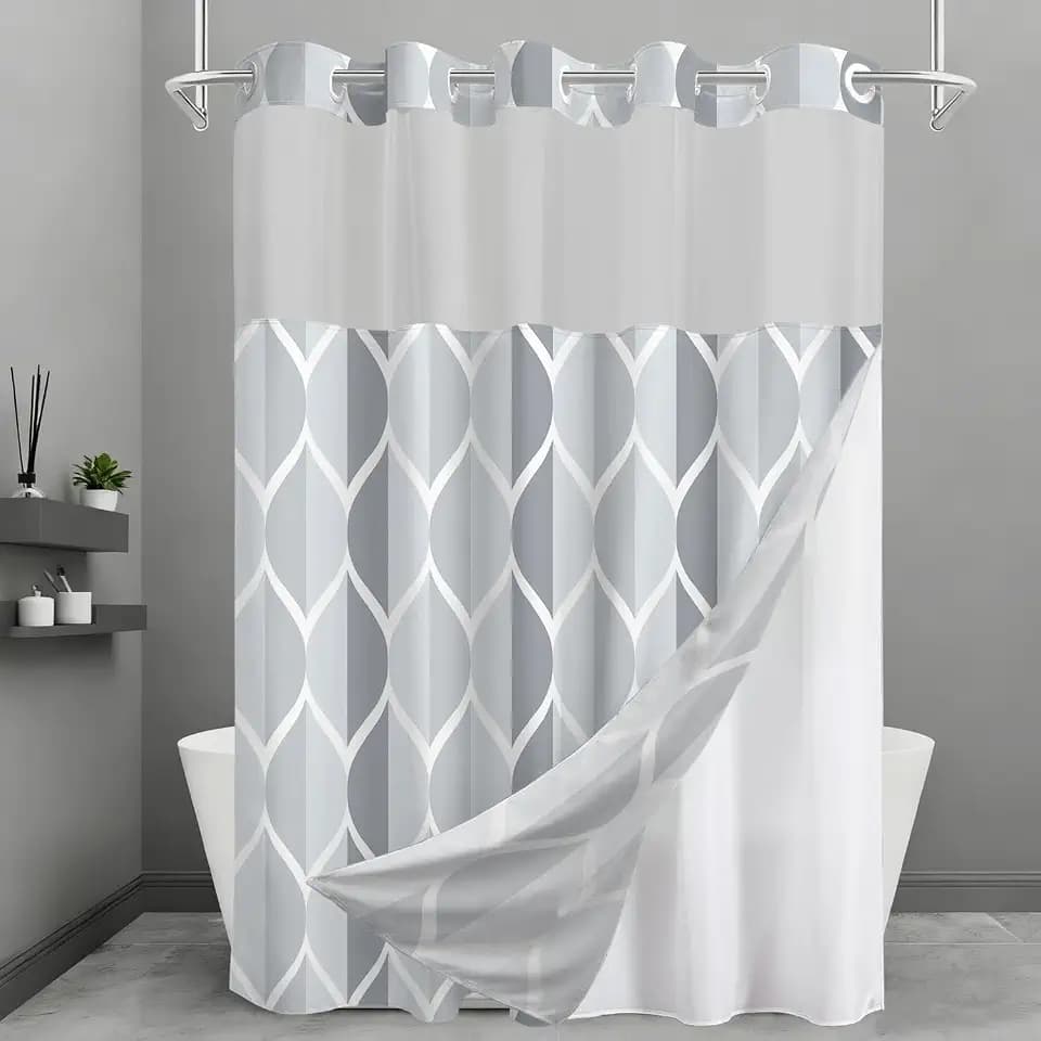 No Hook Shower Curtain and Liner Set, Grey Geometric 71x74