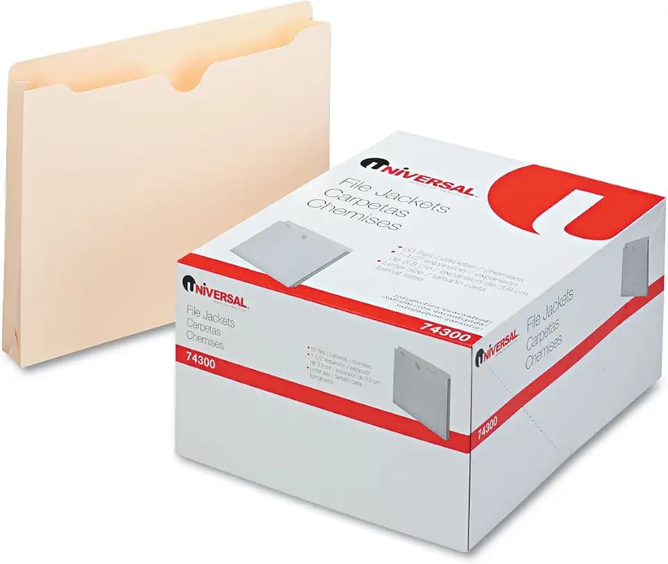 Universal 74300 Economical File Jackets, 1 1/2 Inch Expansion, Letter, 11 Point Manila, 50/Box