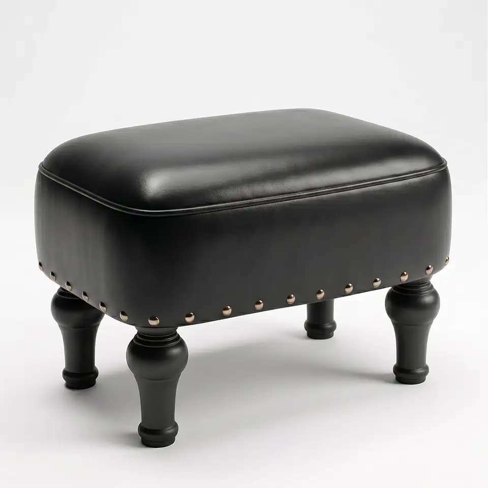 Cmishe Ottoman Leather Footrest,Vintage Footstool,Thickened Foam Upholstered Seat,Wooden Leg Foot Rest,Under Desk Shoe Bench Small Bench for Living Room Dining Room(Black)
