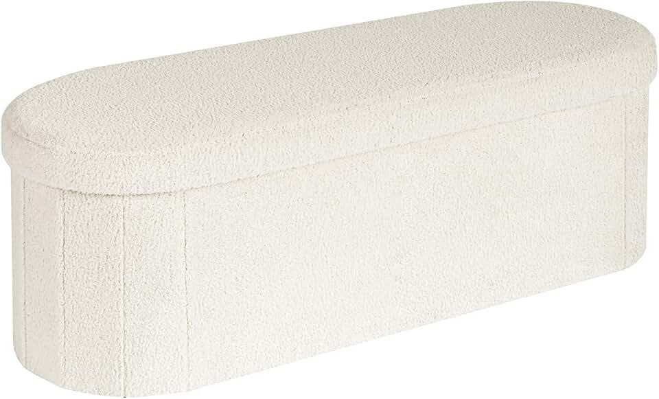 B FSOBEIIALEO Ottoman with Storage for Living Room, Sherpa Folding Storage Ottoman Foot Rest, 43.3 Inches Collapsible Bedroom Bench White Cream