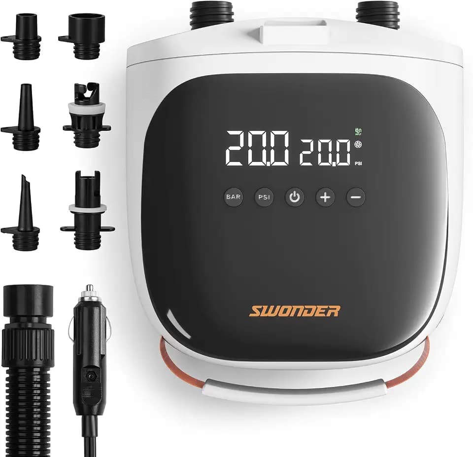 Swonder Paddle Board Pump, 30% Faster Inflation SUP Pump, Compact & 2.6lb Lightweight Electric Air Pump w/ 20PSI High-Pressure, Dual Stage, Auto-Off & Deflation Function