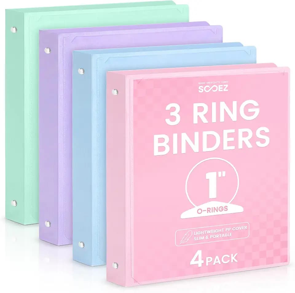 Sooez 1 Inch Binders 3 Ring, 4 Pack Lightweight Binders with Slim Flexible PP Covers, Round Rings, 2 Interior Pockets, Holds 175 Sheets, Pastel Colors for School, Office & Home Organization