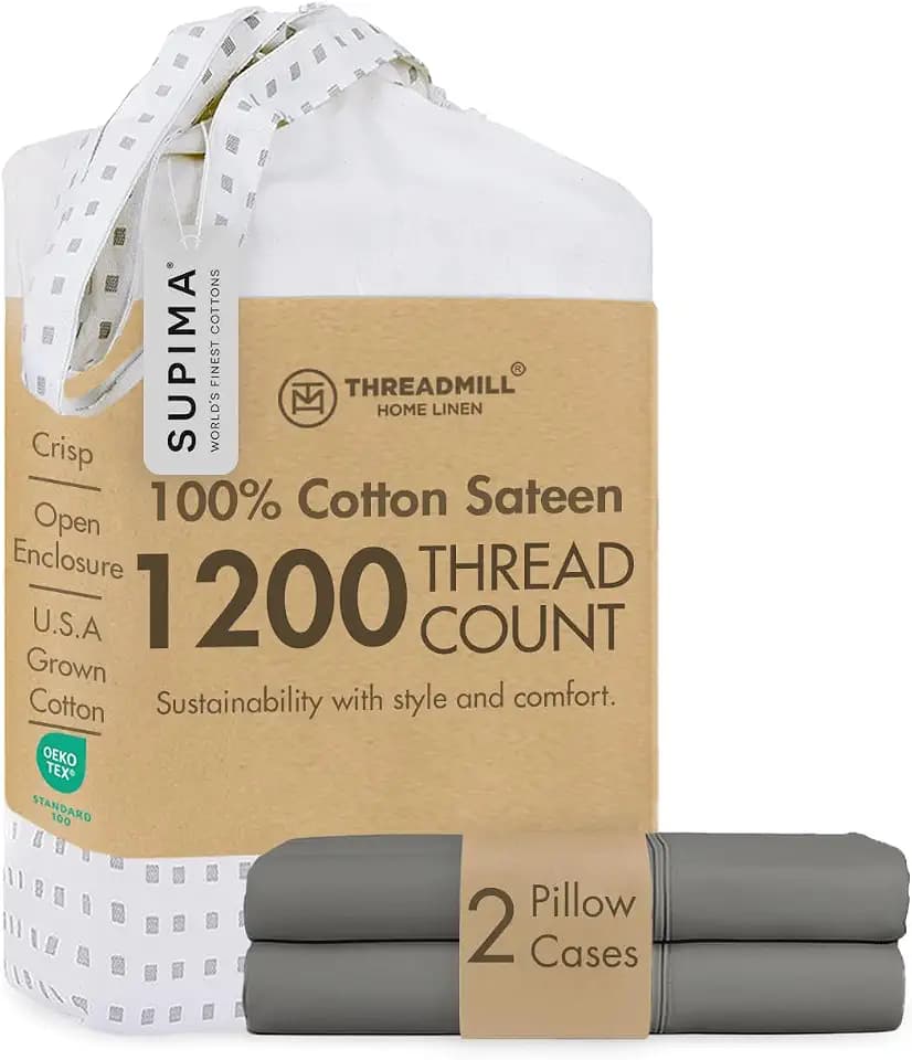 Threadmill 1200TC Supima Cotton Standard Pillowcases, Sateen, Solid, 2-Pack