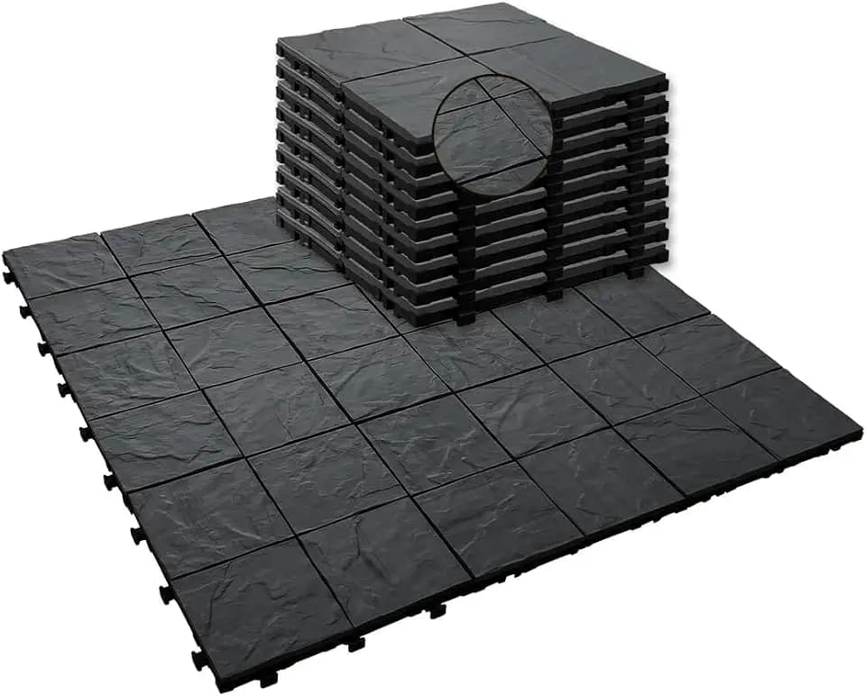 JJWOOD Stone-Look Interlocking Deck Tiles, 9 Pcs 12" x 12" WPC Patio Flooring, Matte Rock Texture Outdoor Floor Tiles for Balcony, Porch, Backyard, Indoor Outdoor, Black
