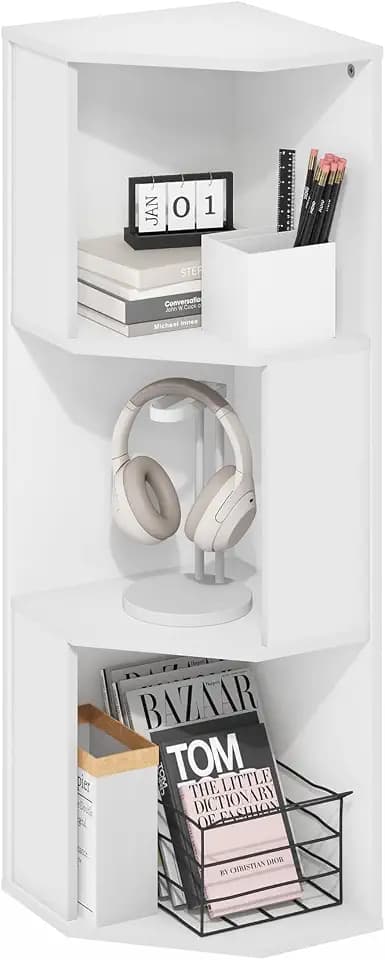 Furinno ECON Corner Shelf, 3-Tier Corner Book Shelf, Standing Storage Shelves, Cube Display Rack, Bookshelf, for Organization and Storage, Living Room, Home Office, Plain White