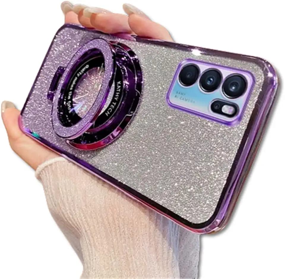 QIWEIQING Kompatibel mit Oppo Reno 6 Pro 5G Glitzer Hülle mit Ring Ständer Galvanisierte, Strass Bling Diamant Schutzhülle Ring Kameraschutz Silikon Schutzhülle für Oppo Reno 6 Pro 5G.Purple DS