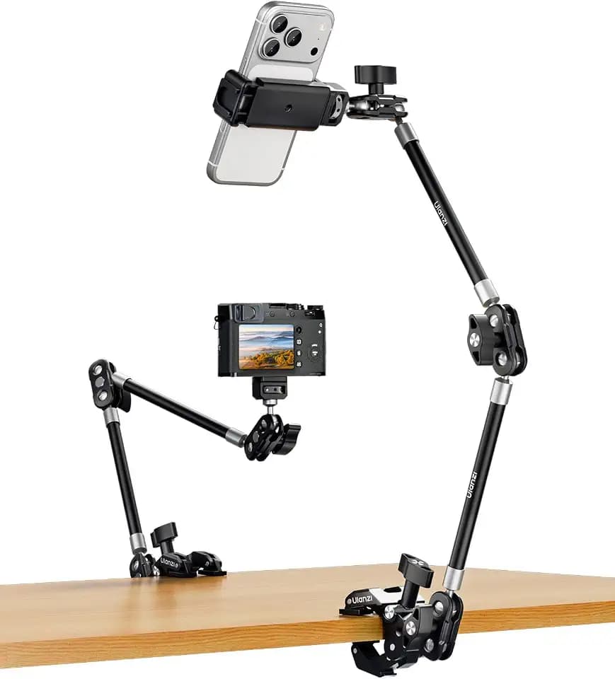 ULANZI C078 Magic Arm mit Klemme, Overhead Stativ mit 360°-Kugelkopf, Klemmstativ mit Handyhalterung, 1/4"- und ARRI-Positionierstifte, kompatibel mit iPhone, Licht, Webcam, Max. Belastung 1kg