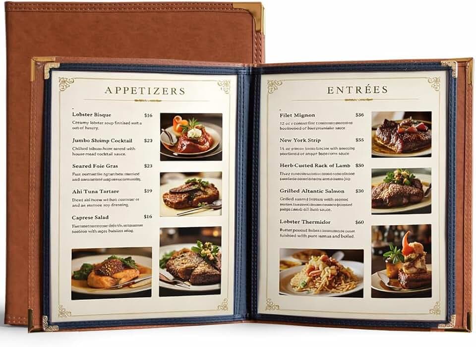 2-Pack Restaurant Menu Covers, 8.5 x 11-Inch Leather Menu Holder with 2 Pages (4 Views) for Wine Lists and Dinner Menus, Caramel
