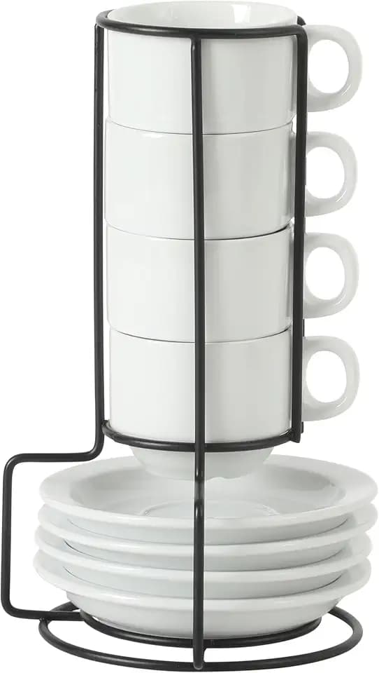 Gibson Home Gracious Dining 3-Ounce Espresso Cups Set of 4, Small Stackable Coffee Cups with 4 Saucers, Metal Stand, Ceramic Demitasse Mugs, Espresso Accessories for Machine