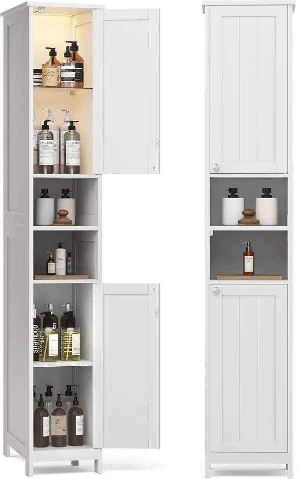 VASAGLE Tall Storage Cabinet with Lights, Slim, 11.8" W, Cloud White