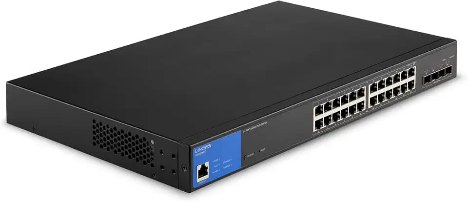 Linksys LGS328MPC-EU 24-Port Gigabit-Netzwerk-PoE+-Switch, 410 W, 4 10G-Uplink-SFP+-Steckplätze – Smart Managed Ethernet-Switch Hub mit Metallgehäuse, Befestigung auf dem Schreibtisch oder an der Wand