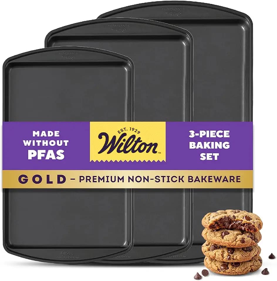 Wilton Gold Non-Stick Bakeware Set - Baking Sheets for Home Baking - Scratch Resistant, Dishwasher Safe & Made Without PFAS - Resists Warping - Features Comfortable Grip Edges - 3-Piece Set