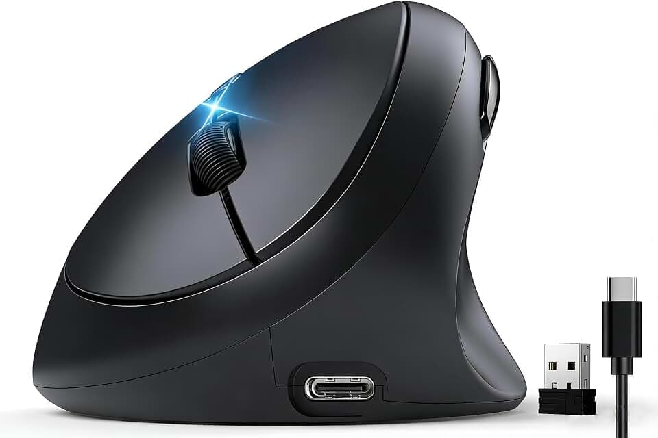 Ergonomische Maus, Bluetooth Kabellose Vertikale Maus, Wiederaufladbarer Akku, Leise Klicks, DPI einstellbar, BT5.0/3.0 & 2.4G Verbindung, einfach zu bedienen, breite Kompatibilität