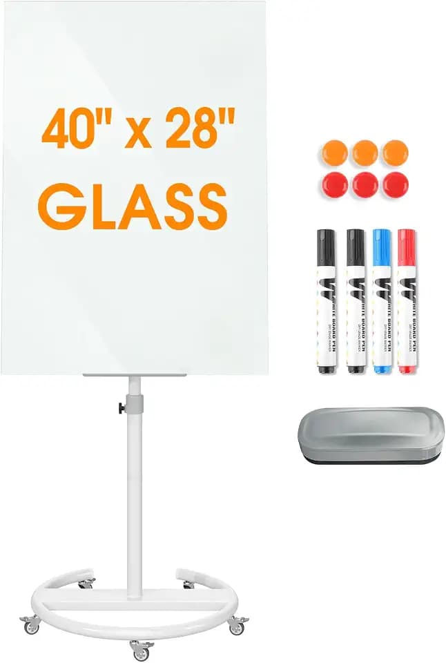 MaxGear Magnetic Glass Mobile White Board, 40" x 28" Adjustable Height
