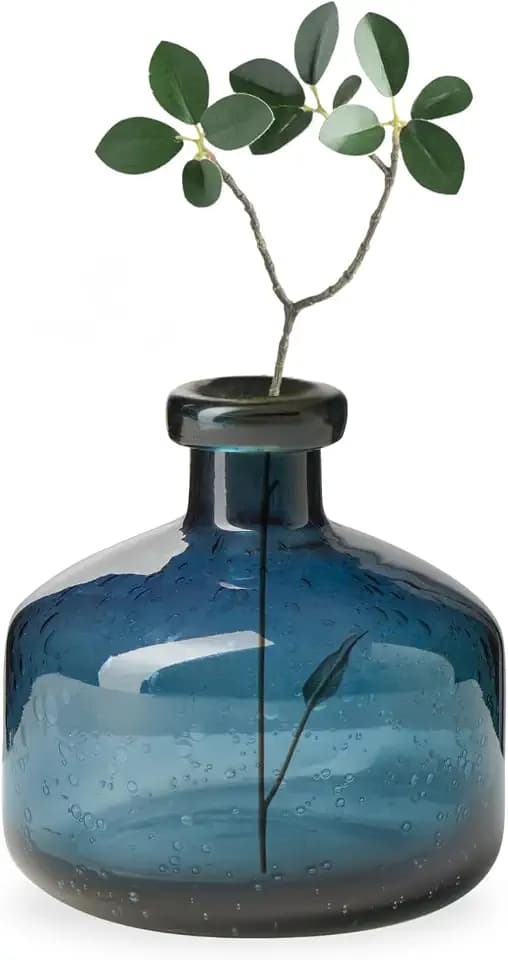 Torre & Tagus 5" Solid Blue Glass Vase for Flowers & Reed Diffuser Bottle - Mouth Blown & Watertight Clear Blue Vases for Modern Home Decor, Wide Bud Vases for Shelf, Bookcase, or Wedding Gift (Tito)