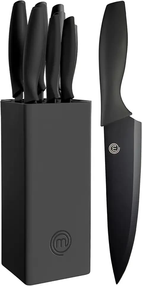 MasterChef Knife Set with Block, 7pc Kitchen Knives Set with Holder, Black