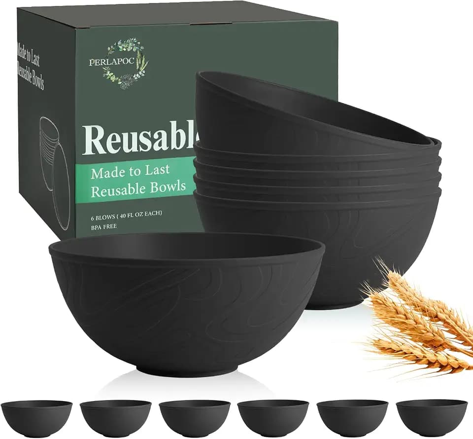 Unbreakable Cereal Bowls 40 OZ, Wheat Straw Bowls Set of 6, Anti Scald Extra Thick Soup Bowls, Reusable Plastic Bowl for Kitchen, Outdoor, Camping, RV, Black