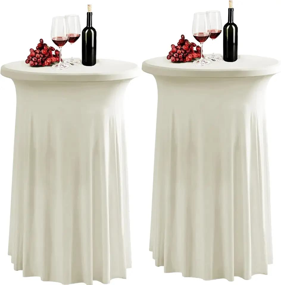 2 Pack Beige Spandex Stretch Round Table Covers with Skirt - 24x43 Inch Fitted Elastic Cocktail Tablecloth for High Top Bar, Party & Wedding Decor, Beige