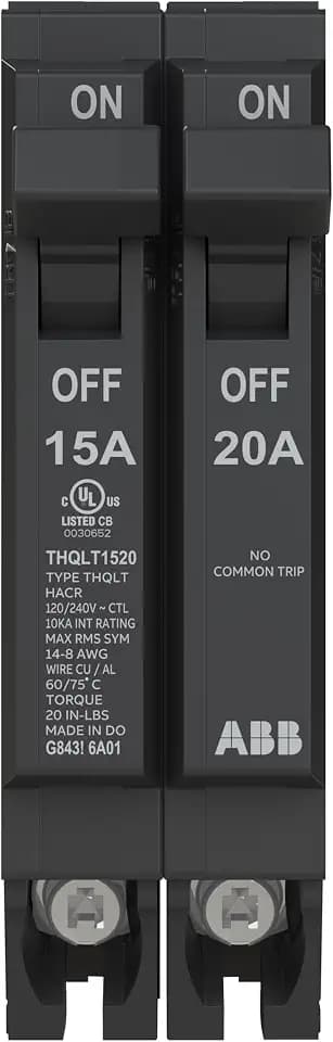 ABB Q-Line® THQLT1520 Tandem Circuit Breaker • 15A/1P, 20A/1P Configuration • 120/240 VAC • 10 kAIC Interrupt Rating • Thermal Magnetic Plug-On Breaker for Load Centers