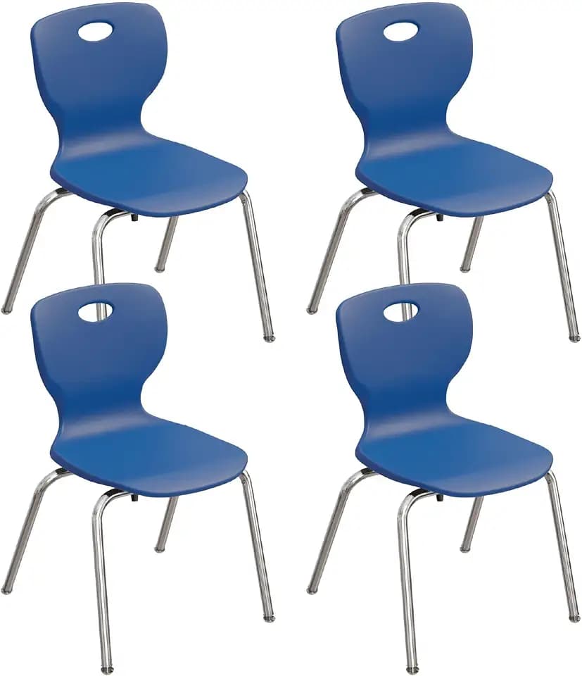 Correll 16" School Stack Chairs, Pack of 4, 2nd – 4th Grade Classrooms, Blue Contoured Seat, Heavy Duty Silver Legs with Glides, Easy to Clean, Stacks for Storage, No Exposed Hardware