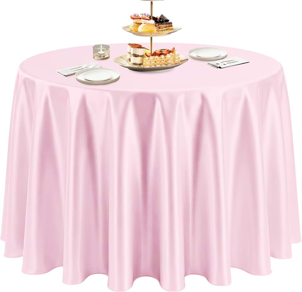 120 Inch Light Pink Round Satin Tablecloth Overlay Seamless Table Cover